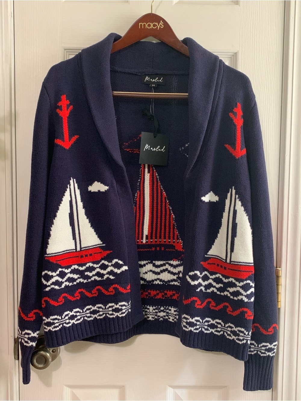 Sailboat Sweater Cardigan Women's Medium Nautical Sailboat & Anchors